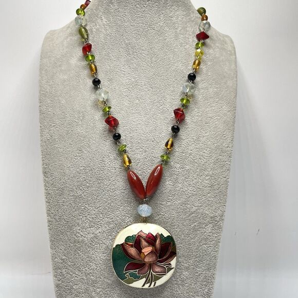 Artisan Handcrafted Floral Enamel Cloisonne Pendant Glass Beaded Necklace - Picture 1 of 9